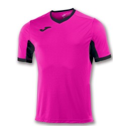Divisa Joma Champion IV  rosa fluo nera kit calcio sportivo t-shirt manica corta collo a V
